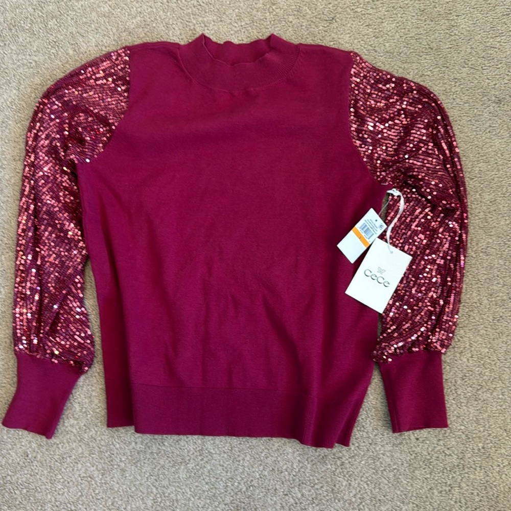 Cece Women's Sheer-Sequin-Sleeve Mock-Neck Cotton Sweater. Size small